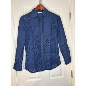 Adiva Eyelet Lace Blouse Womens Medium Blue Button Front Boho Cottagecore Top